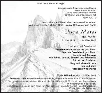 Traueranzeige von Inge Menn von Siegener Zeitung
