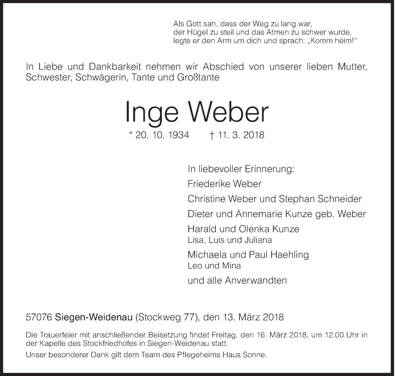  Traueranzeige für Inge Weber vom 13.03.2018 aus Siegener Zeitung