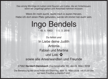 Traueranzeige von Ingo Bendels von Siegener Zeitung