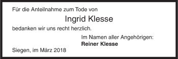 Traueranzeige von Ingrid Klesse von Siegener Zeitung