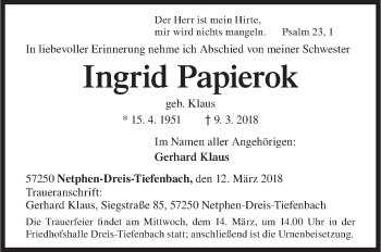 Traueranzeige von Ingrid Papierok von Siegener Zeitung