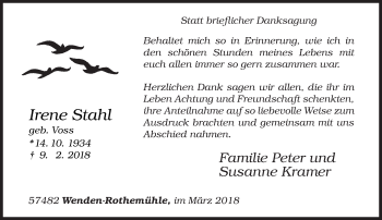 Traueranzeige von Irene Stahl von Siegener Zeitung