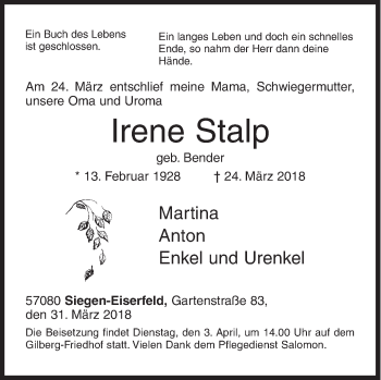 Traueranzeige von Irene Stalp von Siegener Zeitung