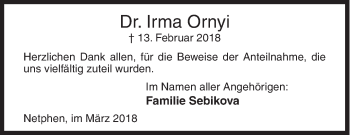 Traueranzeige von Irma Ornyi von Siegener Zeitung