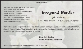 Traueranzeige von Irmgard Benfer von Siegener Zeitung