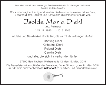 Traueranzeige von Isolde Maria Diehl von Siegener Zeitung