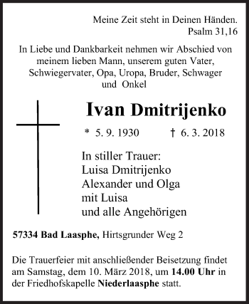 Traueranzeige von Ivan Dmitrijenko von Siegener Zeitung