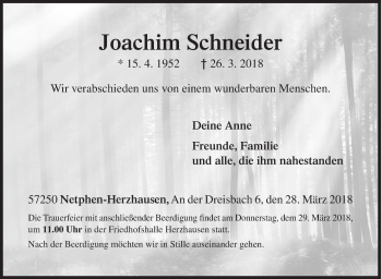 Traueranzeige von Joachim Schneider von Siegener Zeitung