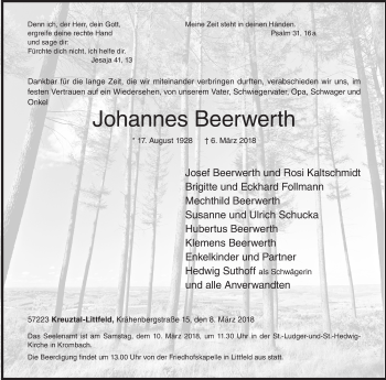 Traueranzeige von Johannes Beerwerth von Siegener Zeitung