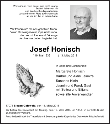 Traueranzeige von Josef Honisch von Siegener Zeitung