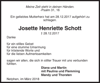Traueranzeige von Josette Henriette Schott von Siegener Zeitung