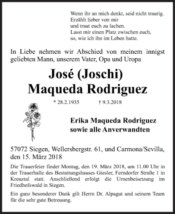Traueranzeige von José Maqueda Rodriguez von Siegener Zeitung