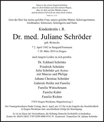Traueranzeige von Juliane Schröder von Siegener Zeitung
