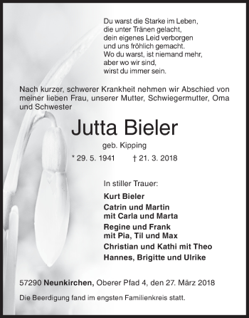 Traueranzeige von Jutta Bieler von Siegener Zeitung