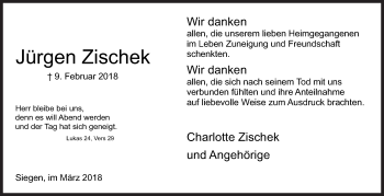 Traueranzeige von Jürgen Zischek von Siegener Zeitung