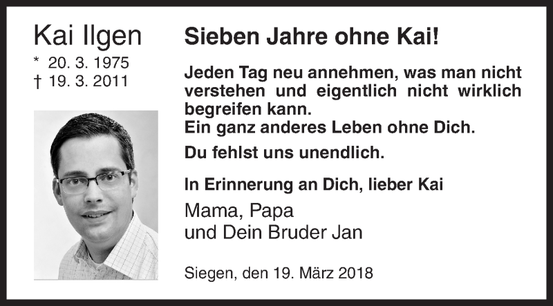  Traueranzeige für Kai Ilgen vom 19.03.2018 aus Siegener Zeitung