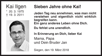 Traueranzeige von Kai Ilgen von Siegener Zeitung