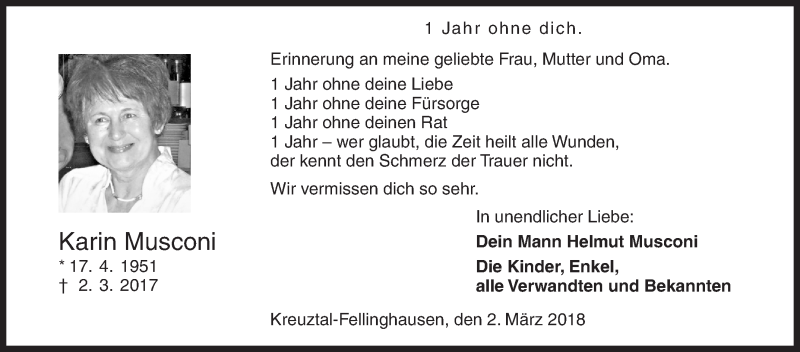  Traueranzeige für Karin Musconi vom 02.03.2018 aus Siegener Zeitung