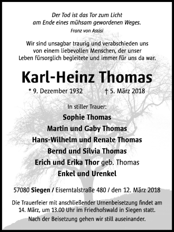 Traueranzeige von Karl-Heinz Thomas von Siegener Zeitung