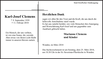 Traueranzeige von Karl-Josef Clemens von Siegener Zeitung
