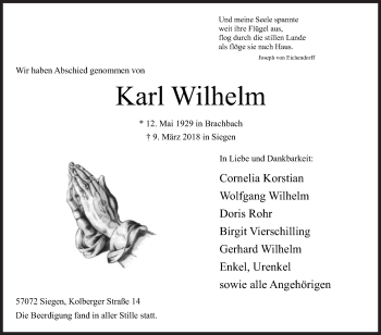 Traueranzeige von Karl Wilhelm von Siegener Zeitung