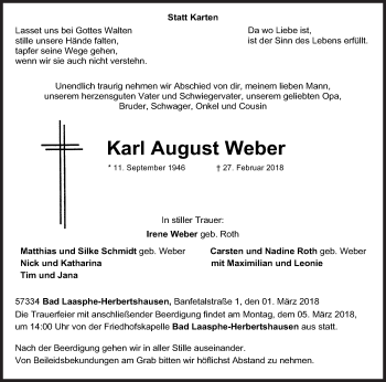 Traueranzeige von Karl August Weber von Siegener Zeitung