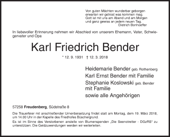 Traueranzeige von Karl Friedrich Bender von Siegener Zeitung