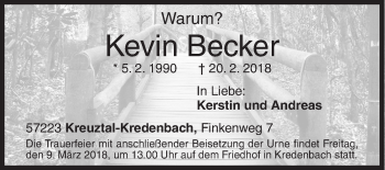 Traueranzeige von Kevin Becker von Siegener Zeitung