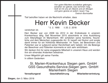 Traueranzeige von Kevin Becker von Siegener Zeitung