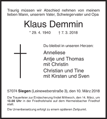 Traueranzeige von Klaus Demmin von Siegener Zeitung