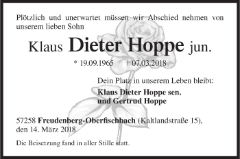 Traueranzeige von Klaus Dieter Hoppe von Siegener Zeitung