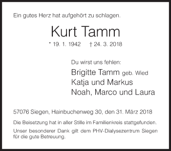 Traueranzeige von Kurt Tamm von Siegener Zeitung