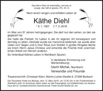 Traueranzeige von Käthe Diehl von Siegener Zeitung