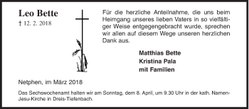 Traueranzeige von Leo Bette von Siegener Zeitung