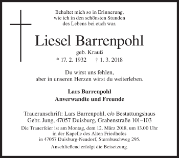 Traueranzeige von Liesel Barrenpohl von Siegener Zeitung