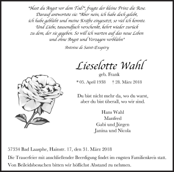 Traueranzeige von Lieselotte Wahl von Siegener Zeitung