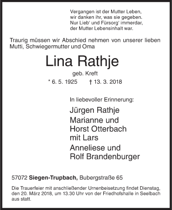 Traueranzeige von Lina Rathje von Siegener Zeitung