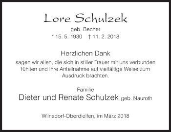 Traueranzeige von Lore Schulzek von Siegener Zeitung