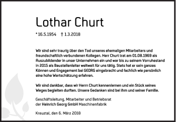 Traueranzeige von Lothar Churt von Siegener Zeitung