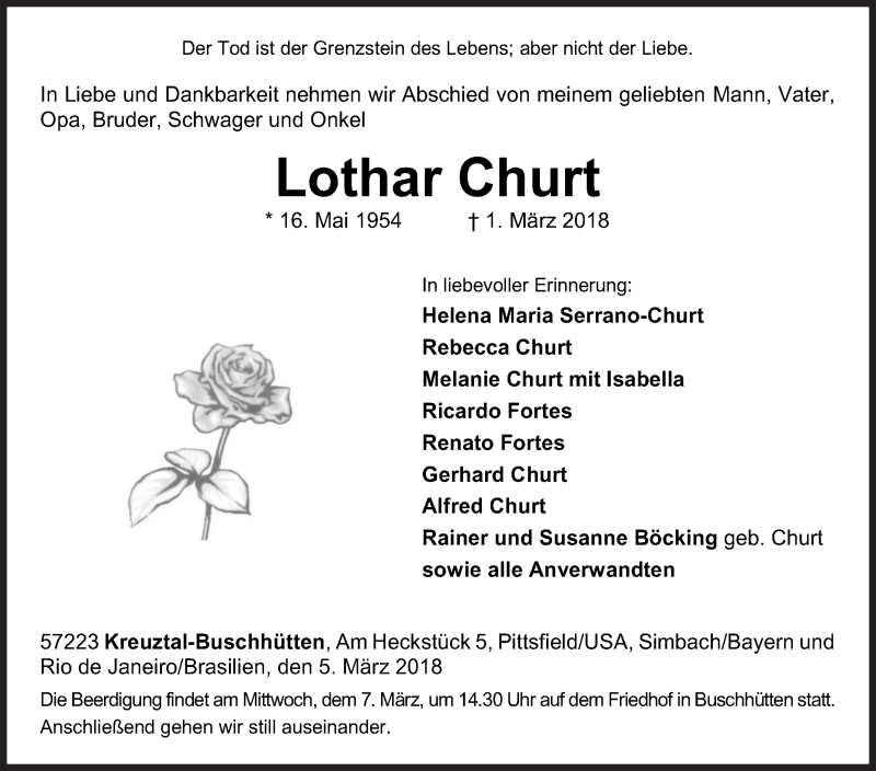  Traueranzeige für Lothar Churt vom 05.03.2018 aus Siegener Zeitung