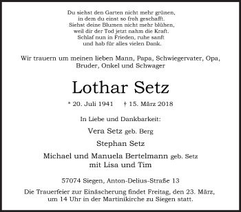 Traueranzeige von Lothar Setz von Siegener Zeitung