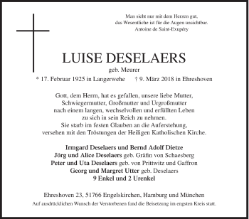 Traueranzeige von Luise Deselaers von Siegener Zeitung