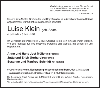 Traueranzeige von Luise Klein von Siegener Zeitung
