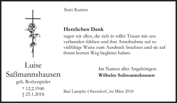 Traueranzeige von Luise Saßmannshausen von Siegener Zeitung