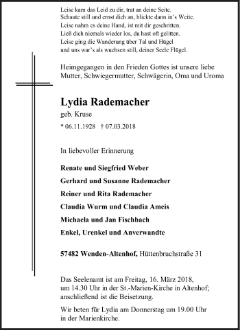 Traueranzeige von Lydia Rademacher von Siegener Zeitung