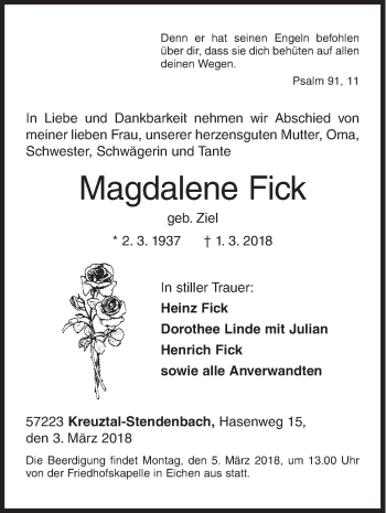 Traueranzeige von Magdalene Fick von Siegener Zeitung