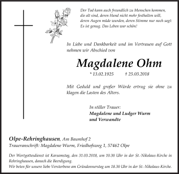Traueranzeige von Magdalene Ohm von Siegener Zeitung