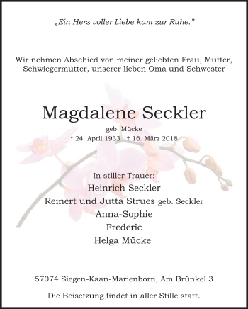 Traueranzeige von Magdalene Seckler von Siegener Zeitung