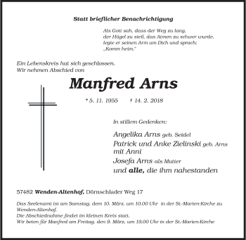 Traueranzeige von Manfred Arns von Siegener Zeitung