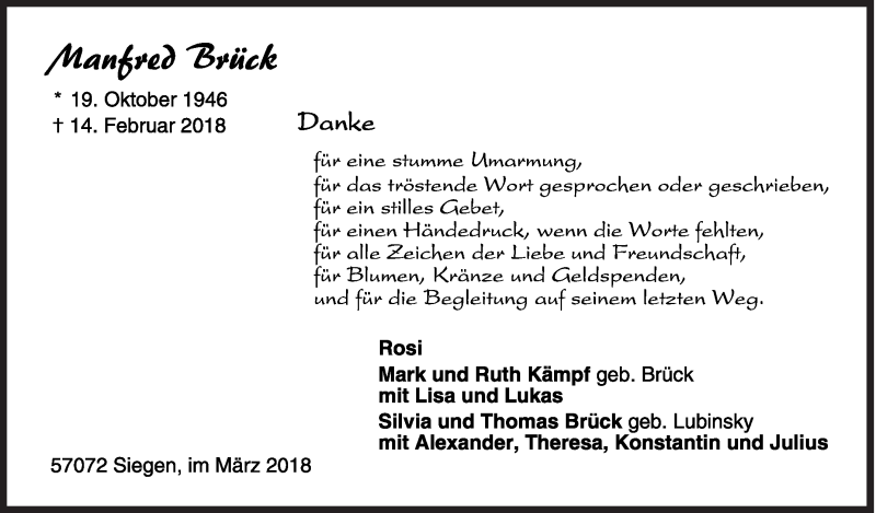  Traueranzeige für Manfred Brück vom 07.03.2018 aus Siegener Zeitung